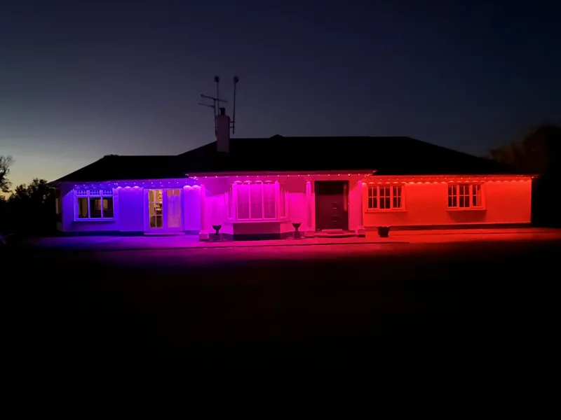 The same Geal Project 01 home with coloured Govee roofline lighting